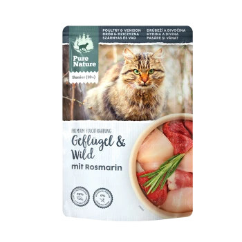Katze Futterbeutel mit einer flauschigen Katze mit grünen Augen, beschriftet "Pure Nature Senior (10+)" mit "Geflügel & Wild" und "Poultry & Venison".