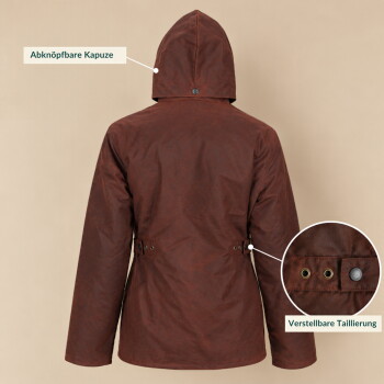 Nahaufnahme einer braunen Hunter Outdoor Jackentasche mit schwarzen Druckknöpfen und einem kleinen grünen und gelben Hunter Outdoor Etikett.