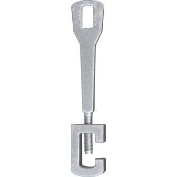 Metalowa miarka do karmy dla zwierząt w kształcie litery 'C', z gwintowanym uchwytem dla łatwego chwytu i użycia.