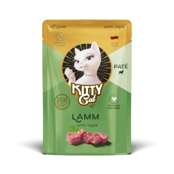 Kitty Cat getreidefreier Lamm-Pâté Katzenfutterbeutel, hergestellt in Deutschland, mit extra Taurin und Diva-Effekt.