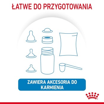 Bild zeigt Zubehör zum Füttern von Haustieren: Flaschen, Sauger, Schaufel, mit dem Text "ŁATWE DO PRZYGOTOWANIA" und "ZAWIERA AKCESORIA DO KARMIENIA."