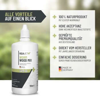 Flasche REAVET Wurmholz-Mix, ein natürliches Haustierprodukt: 100% natürlich, Premium-Qualität, einfache Dosierung. Hergestellt in Deutschland.