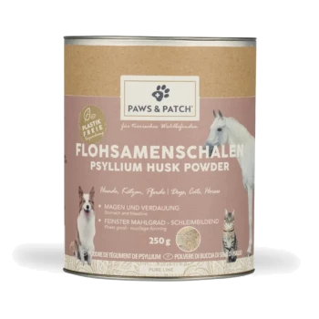 Dose Paws & Patch Flohsamenschalenpulver (Psyllium Husk) 250 g mit Abbildungen von Hund, Katze und Pferd auf rosa Etikett