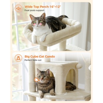 Katzenbaum mit einer breiten Liegefläche und großem Condo. Eine Katze liegt oben, eine andere ruht innen. Text: "Breite obere Liegefläche" und "Großer Würfel Katzencondo."