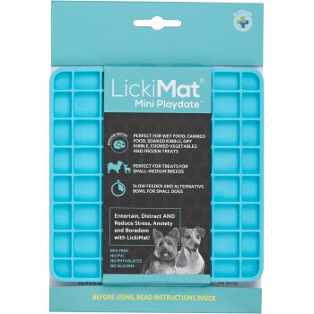 Türkisfarbener LickiMat Mini Playdate für kleine bis mittelgroße Hunde; ideal für verschiedene Futtersorten. BPA-frei, stressreduzierender Langsamfütterer.
