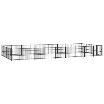 Schwarzes Metall-Haustierspielgehege mit mehreren Paneelen und einem Tor, entworfen für den Innen- oder Außenbereich.