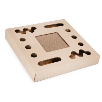 Pappkatzenkratzbaum mit mehreren ausgeschnittenen Formen und einer strukturierten Kratzoberfläche in der Mitte.