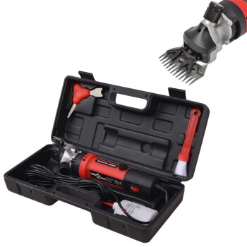 Elektrisches Haustierpflegeclipper-Set in einem schwarzen Etui, mit einem roten und schwarzen Clipper, Reinigungsbürste, Ölflasche und Wartungswerkzeugen.