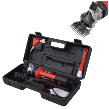 Elektrisches Haustierpflegeclipper-Set in einem schwarzen Etui, mit einem roten und schwarzen Clipper, Reinigungsbürste, Ölflasche und Wartungswerkzeugen.