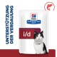 Hill's Prescription Diet i/d Katzenfutterverpackung mit weißem Hintergrund, einer schwarz-weißen Katze und dem Text "UNTERSTÜTZUNG DER VERDAUUNG".