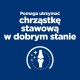 Tekst na niebieskim tle: 'Pomaga utrzymać chrząstkę stawową w dobrym stanie,' z ilustracją stawu.