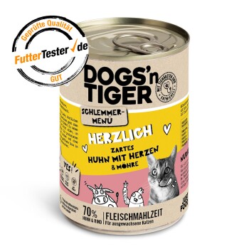 Dosenkatzenfutter "DOGS'n TIGER" mit einem verspielten Katzendesign, das "Herzlich" und 70% Hühner- und Rindfleischgehalt zeigt.