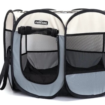 Tragbarer Haustierspielbereich von Nobleza, mit einem Netzdesign und zwei Reißverschlussöffnungen für einfachen Zugang.