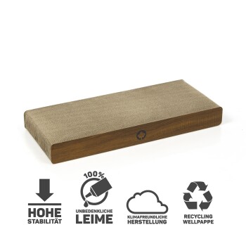 Katzenschrubbepad mit einem Holzsockel und strukturierten Oberflächen, das Stabilitätssymbole und umweltfreundliche, sichere, recycelbare Materialien zeigt.
