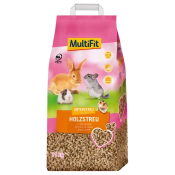A colorful 11kg bag of MultiFit wood litter featuring a rabbit, guinea pig, chinchilla, and hamster on the front, with text in German and English.