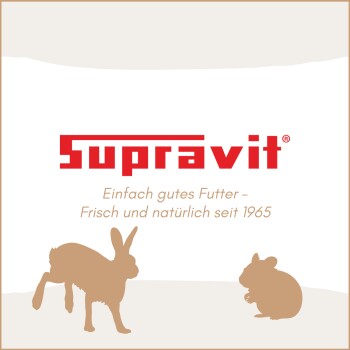 Supravit Tierfutter-Logo mit Silhouetten eines Kaninchens und eines Meerschweinchens, deutscher Text über frisches natürliches Futter seit 1965.