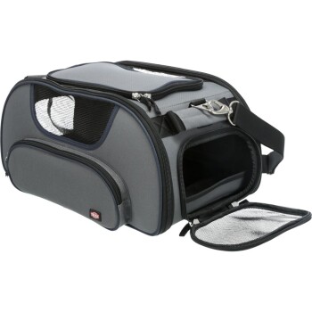 Grau Haustiertragebeutel mit Netzfenstern, Reißverschlussöffnungen und einem abnehmbaren Schultergurt, entworfen für kleine Tiere.