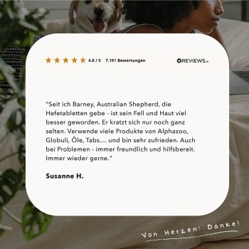 Susanne H. lobt Tierprodukte für ihren Australian Shepherd, Barney, und bemerkt eine bessere Fell- und Hautgesundheit. Bewertung: 4,8/5 aus 7.191 Bewertungen.