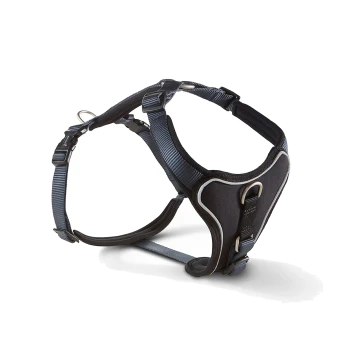 Schwarzes, gepolstertes Hundegeschirr mit verstellbaren grauen Gurten, Metall-D-Ringen, reflektierendem Besatz und Front-Clip-Design.