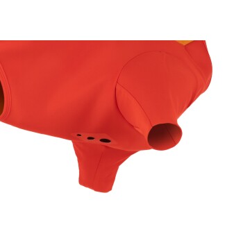 Helle rote Hundeschwimmweste mit einem orangefarbenen Akzent, mit Armöffnungen und Belüftungslöchern an der Seite für Komfort.