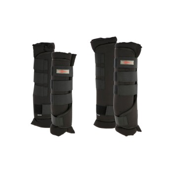 Schwarze Beinschützer für Haustiere mit verstellbaren Riemen, entworfen für Unterstützung und Schutz, in Paaren präsentiert.