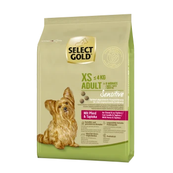 Sac de nourriture pour chiens étiqueté 'Select Gold XS Adult Sensitive' pour les chiens de moins de 4 kg, avec un Yorkshire Terrier et indiquant 'Avec Cheval & Tapioca.'