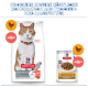 Hill's Science Plan Sterilised Cat Trockenfuttertüte mit orange-weißer Katze und Nassfutterbeutel mit Aufschrift 'Premium-Stücke in Soße'.