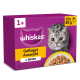 Lila Whiskas Katzenfutter-Box mit Bild einer grauen Katze, einer Schale Nassfutter und Text 'Geflügel-Auswahl in Gelee', '1+', '12x 85 g'.