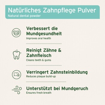 Natürliches Zahnpulver für Haustiere, das Vorteile hervorhebt: verbessert die Mundgesundheit, reinigt Zähne & Zahnfleisch, reduziert Plaque-Bildung, sorgt für frischen Atem.