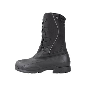 Schwarzer wasserdichter Winterstiefel mit Schnürung und gepolstertem Kragen, entworfen für kalte Wetterbedingungen.