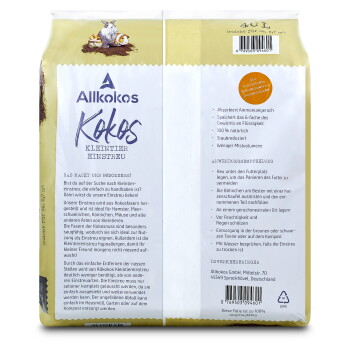 Gelb-weiße Allkokos KOKOS Kleintier-Einstreu 40 l Tüte mit deutschem Text und Strichcode