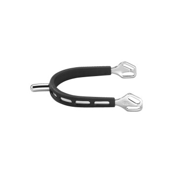 Schwarzer Gummisporn für das Pferdereiten mit silbernen Metallenden, entworfen für Komfort und Kontrolle.