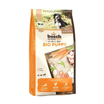 Bosch Bio Puppy Hundefuttertüte, 1,0 kg, mit biologischen Zutaten wie Karotten und Hähnchen, mit Nährwertangaben: 26% Protein, 14% Fett.