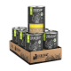 Liebesgut Dosen-Bio-Welpenfutter im Kartontray, schwarze Etiketten mit Puten-Skizze und 'BIO'-Logo.
