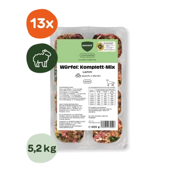 Schale mit rohen Lammwürfeln, Etikett 'Würfel: Komplett-Mix Lamm mini', zeigt '13x' und '5,2 kg'
