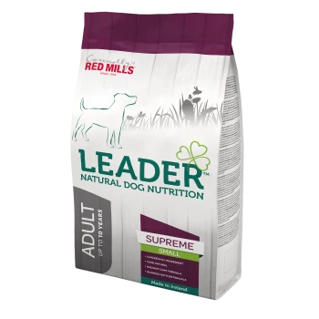 Bag of Leader Natural Dog Nutrition, Supreme Small, for adult dogs under 10, with a dog silhouette and chicken as the main ingredient.
