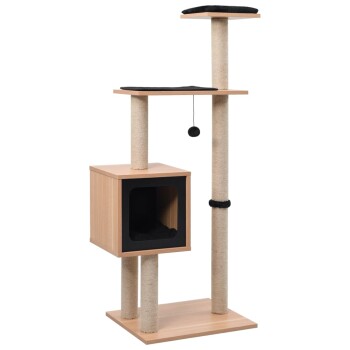 Katzenbaum mit zwei Plattformen, einem gemütlichen würfelförmigen Versteck und einem baumelnden Spielzeug, mit natürlichen Holz- und Sisal-Kratzpfosten.