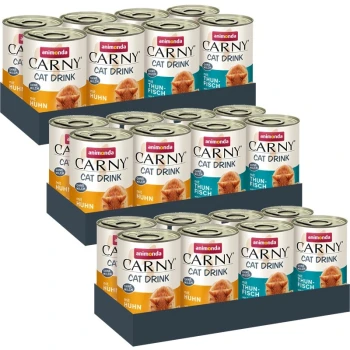 Carny Nassfutter Katze Adult, Mixpaket Cat Drink 24x140 ml Dosen von Animonda Carny Cat Drink, die in einer gestuften Anordnung präsentiert werden, mit Geschmacksrichtungen mit Huhn (Huhn) und Thunfisch (Thunfisch).