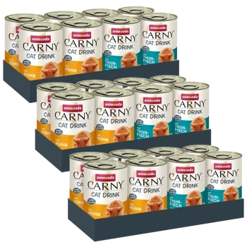 Dosen von Animonda Carny Cat Drink, die in einer gestuften Anordnung präsentiert werden, mit Geschmacksrichtungen mit Huhn (Huhn) und Thunfisch (Thunfisch).
