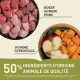 Cubes de viande crue dans un bol étiqueté "Boeuf, Agneau, Porc" à côté d'une assiette en bois avec de la citrouille et de la pomme, indiquant "50% d'ingrédients animaux de qualité."