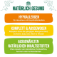 Natürliches Tierfutteretikett mit Hervorhebung hypoallergener, ausgewogener Rezeptur ohne häufige Allergene und natürlichen Zutaten ohne Zusatzstoffe.