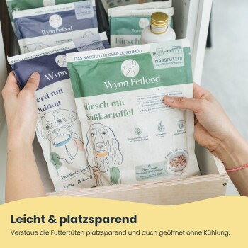 Schüssel mit Haustierfutter-Mischung mit Anweisungen auf Deutsch: "Bereite das Futter frisch selbst zu" mit Schritten zur Zubereitung und einem Herzsymbol.