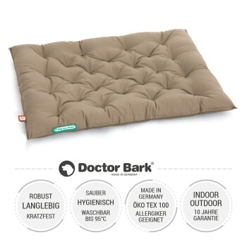 Braches Haustierbett mit gepolstertem Design und einem Etikett mit der Aufschrift "Doctor Bark" an der Seite.