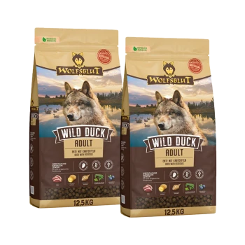 Zwei 12,5 kg Säcke Wolfsblut Wild Duck Adult Hundefutter mit Ente und Kartoffeln, recycelbare Verpackung.