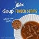 Miska Felix Soup Tender Strips z delikatnymi paskami mięsa w bogatym bulionie, z tekstem 'Leckere, zarte Streifen' na niebieskim tle.