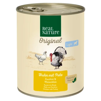 Dosen-Tiernahrung "Real Nature Original Light" mit Huhn- und Truthahnillustrationen, beschriftet mit "Huhn mit Pute, Zucchini & Weizenkleie."