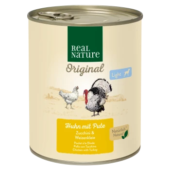 Dosen-Tiernahrung "Real Nature Original Light" mit Huhn- und Truthahnillustrationen, beschriftet mit "Huhn mit Pute, Zucchini & Weizenkleie."