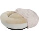 Lit rond confortable pour animaux de compagnie avec une base en beige peluche et une housse rose douce et à motifs, idéal pour les petits chiens ou chats.