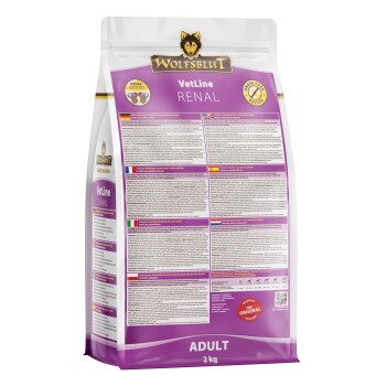 Torba z karmą dla zwierząt Wolfsblut VetLine Renal, 2 kg, z informacjami o wartościach odżywczych i składnikach w wielu językach, oznaczona "Adult" i "Grain Free."