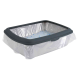 Une litière pour chat en plastique transparent, doublée d'un sac jetable, remplie de litière cristalline blanche et bleue.